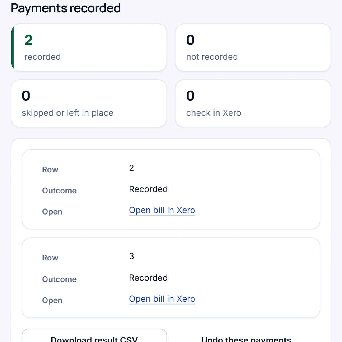 Real Paysweep result with sample data: payments recorded, a link to each bill in Xero and the Undo button.